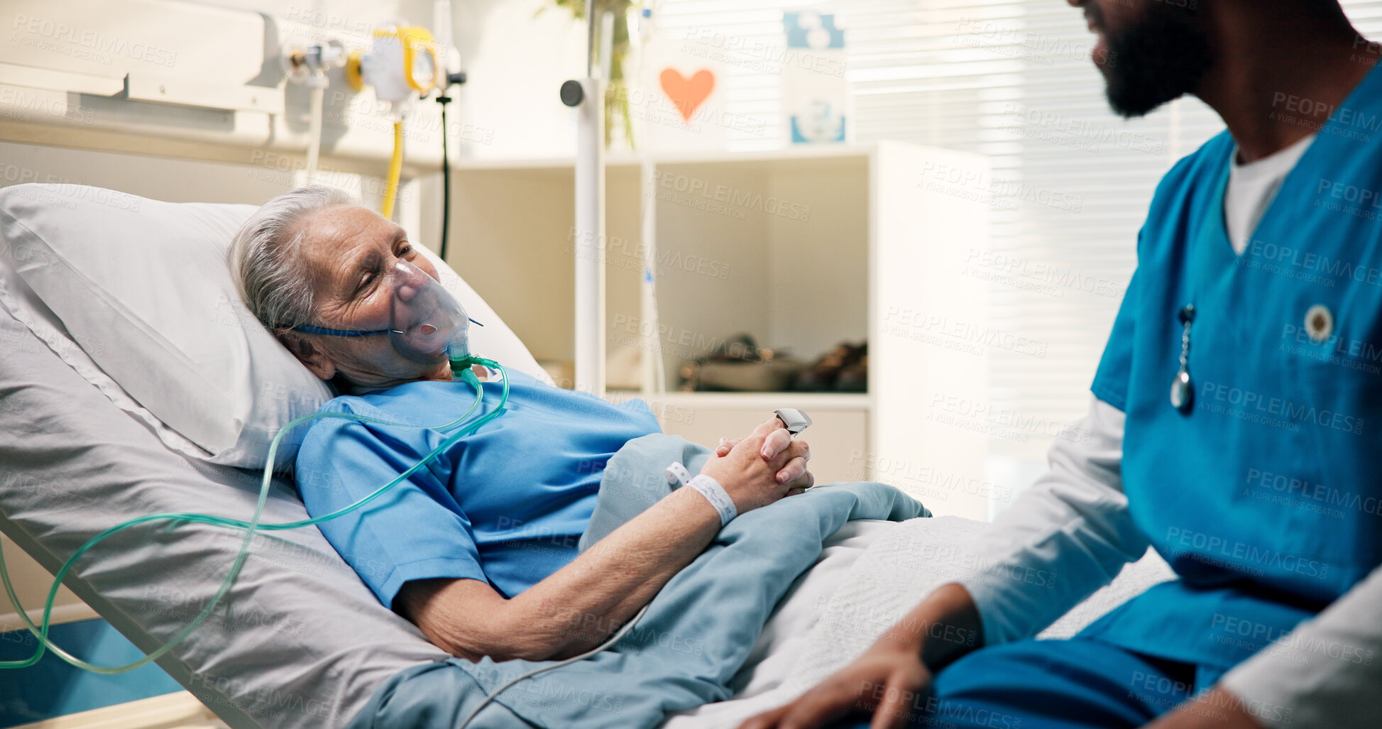 Buy stock photo Nurse, conversation and senior woman in hospital bed for recovery, news or medical feedback. Elderly patient, oxygen mask and professional with discussion for progress, test results or health support