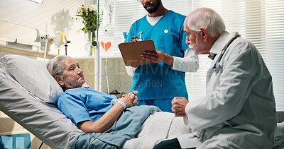 Buy stock photo Doctor, discussion and senior woman in hospital bed for recovery, news or medical feedback. Elderly patient, nurse and clipboard with conversation for progress, test results or health support