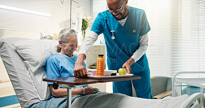 Buy stock photo Senior woman, smile and nurse with food in hospital bed for healthcare service, nutrition or diet. Elderly person, man and caregiver serving meal, juice or fruit to patient for vitamin in clinic