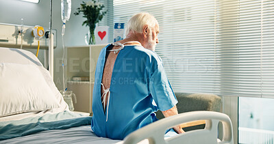 Buy stock photo Hospital, bed or senior man thinking with window view, anxiety or medical intervention for cancer diagnosis. Healthcare, worry or old person with chemotherapy treatment thoughts, reflection or back