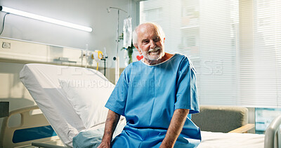 Buy stock photo Thinking, patient and senior man in hospital, healthcare and happy for recovery on bed or treatment. Rehabilitation, health and old person with smile for discharge, reflection and wellness in clinic