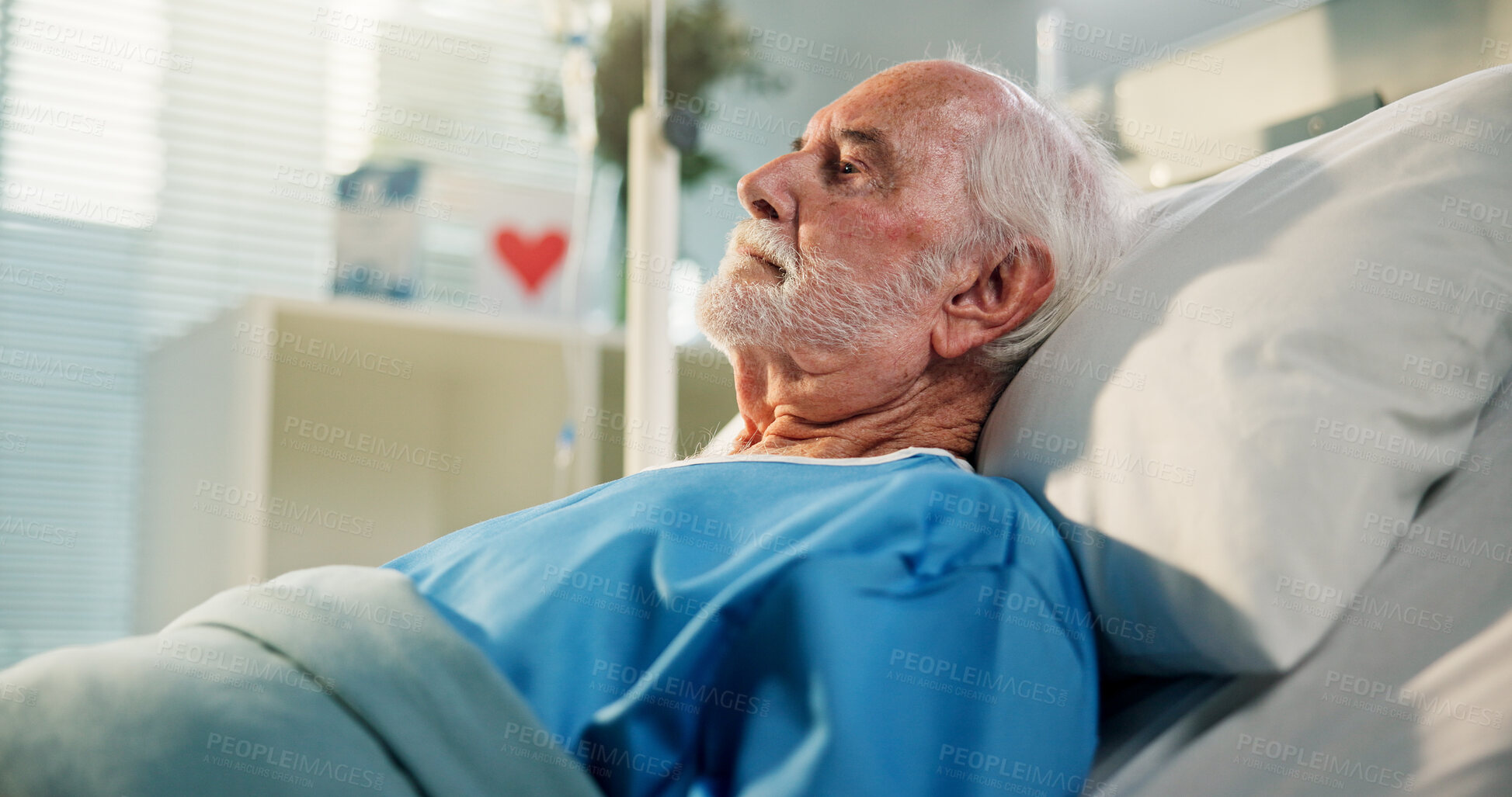 Buy stock photo Thinking, senior man and patient on hospital bed for operation recovery, healing or post surgery. Reflection, sick and elderly person in clinic for healthcare, thoughts and rest for medical treatment