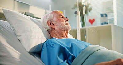 Buy stock photo Sleeping, senior man and patient on hospital bed for operation recovery, healing or post surgery. Rest, sick and elderly person in clinic for healthcare, anesthesia and iv drip for medical treatment