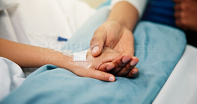 Buy stock photo Hospital, holding hands and parent with child in bed for recovery from surgery, healing and support. Healthcare, medical and family with kid together for comfort, empathy and wellness for operation