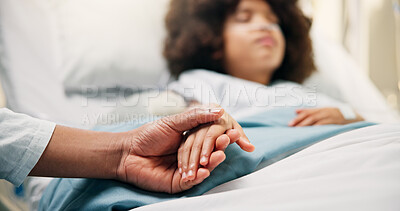 Buy stock photo Care, holding hands and parent with child in hospital bed for surgery recovery, healing and support. Healthcare, medical and family with kid together for comfort, empathy and wellness for operation