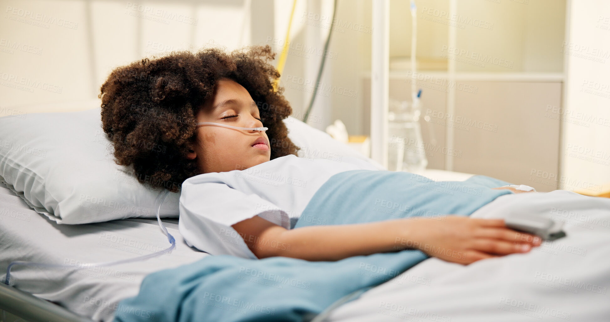 Buy stock photo Sick, child and sleep with oximeter in hospital bed to monitor pulse, blood level and surgery recovery. Tired, kid or medical machine to track oxygen, chronic condition and critical care of operation