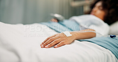 Buy stock photo Sick, child and hands with iv drip in hospital bed for nutrition, liquid medicine and surgery recovery. Closeup, ill kid and fluid infusion of medical treatment, healthcare and healing from operation