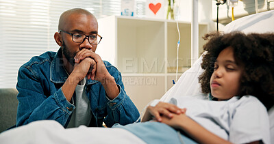 Buy stock photo Sick, child and father with stress at hospital bed for cancer diagnosis, health condition and worry. African family, dad and anxiety for kid in pediatric clinic with terminal illness and medical fear