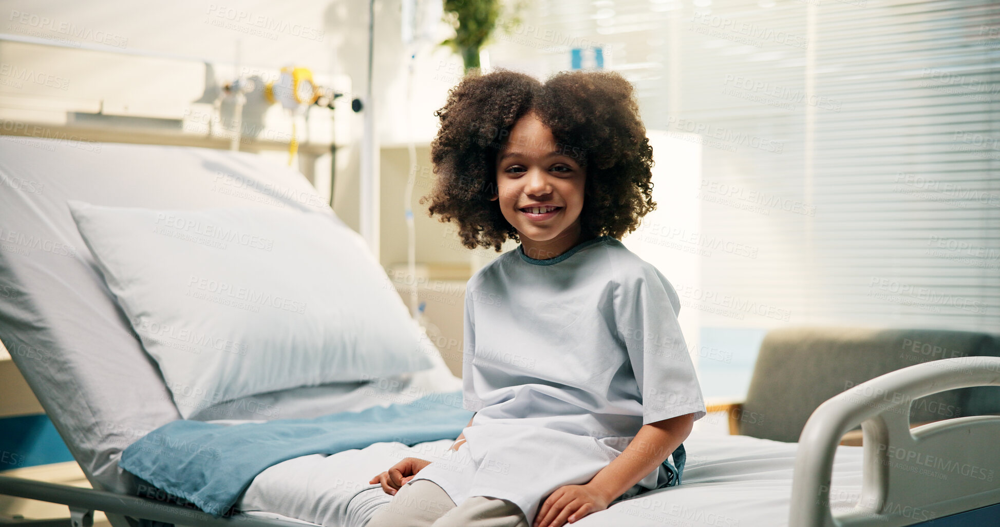 Buy stock photo Hospital, bed and portrait of African child with smile for recovery, patient discharge and healthcare. Wellness, treatment success and happy boy with medical care for healing, hope and leaving clinic