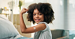 Happy boy, portrait and arm with band aid for vaccine, flu shot or immunity in hospital. Child, kid or youth with smile, flex or plaster for medical vaccination, healthcare visit or cure in clinic