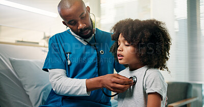 Buy stock photo Stethoscope, healthcare and nurse with child in hospital for consultation with heart beat. Checkup, tool and medical worker with boy patient for chest infection, sick or breathing pattern in clinic.