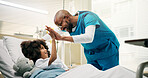 Boy, doctor and high five with happy in hospital bed, excited and care with support for recovery. Pediatrician, child and smile with man, motivation and celebration with healing for illness at clinic