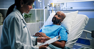Buy stock photo Doctor, clipboard and man in hospital bed, discussion and feedback for diagnosis. Medical service, patient information and professional in clinic, healthcare and documents for test results or explain