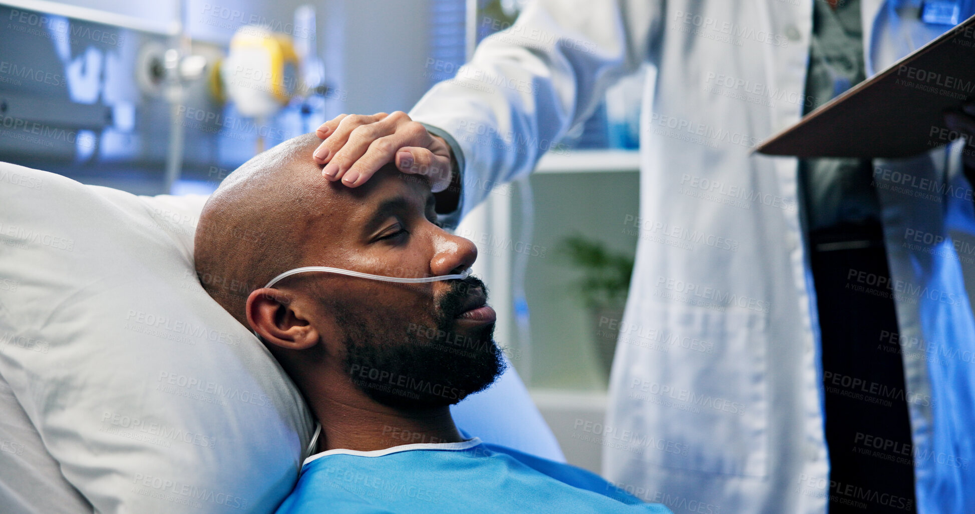 Buy stock photo Fever, hand of doctor and oxygen with man in hospital for checkup, medical or recovery. Breathing, healthcare or temperature with medicine professional and patient in clinic for rehabilitation