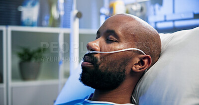 Buy stock photo Man, breathing tubes or sleeping on hospital bed for post surgery, healthcare or recovery. Sick patient, black person or rest with nasal cannula in ICU for respiratory support, ventilation or healing