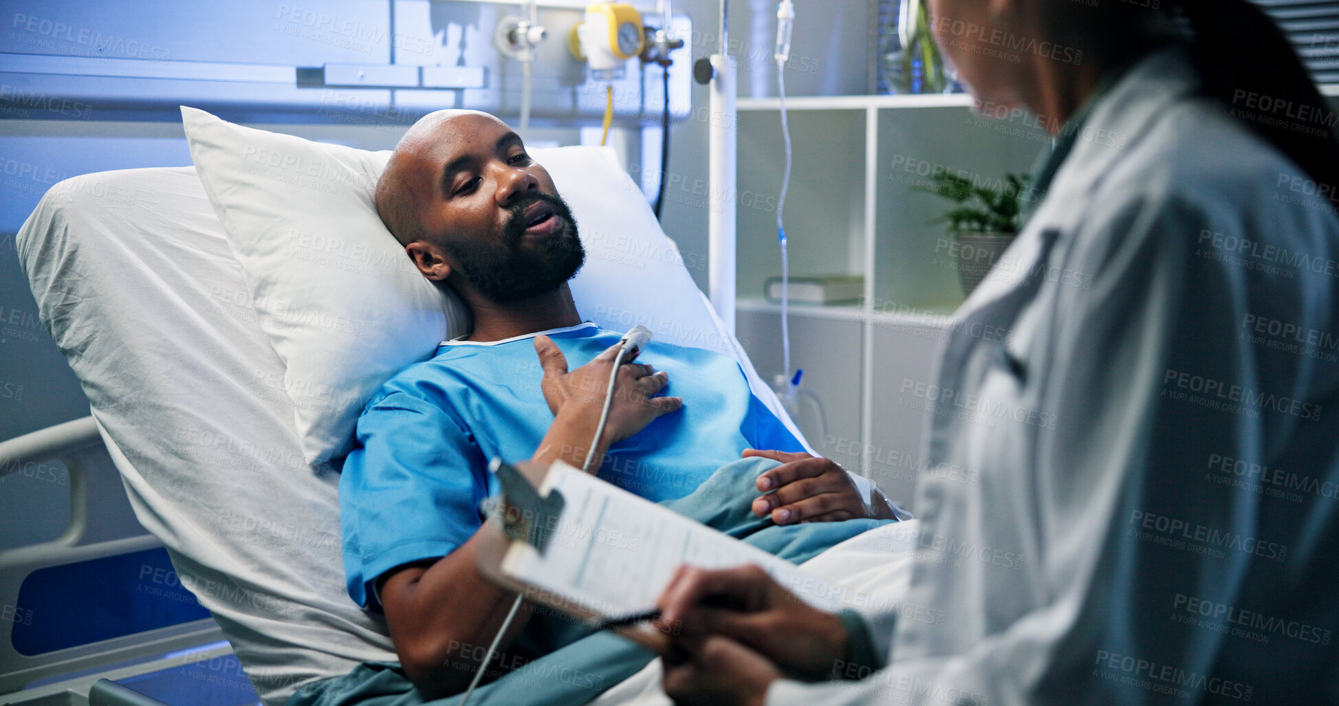 Buy stock photo Doctor, clipboard and man in hospital bed, conversation and monitor post surgery with test results. Medical service, progress or patient in clinic, heart health and documents for recovery and healing