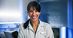 Portrait, happy woman or doctor with confidence for night shift, wellness or healthcare services for career. Professional, medical expert or mature person in hospital for patient care, dark and pride