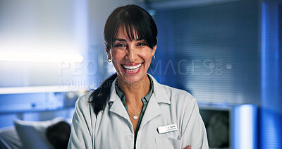 Buy stock photo Portrait, happy woman or doctor with confidence for night shift, wellness or healthcare services for career. Professional, medical expert or mature person in hospital for patient care, dark and pride