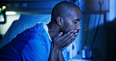 Buy stock photo Sad, black man and patient on hospital bed at night with finance anxiety, stress or insomnia. Depression, clinic and person worry for health crisis, sleepless and cancer diagnosis with medical debt