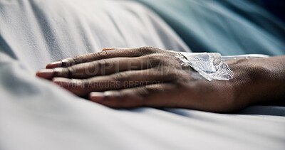 Buy stock photo Hand, sick patient and IV drip in hospital bed for medical treatment, liquid medication or recovery. Healthcare, ill person and intravenous fluid in ICU clinic for morphine, pain relief and healing