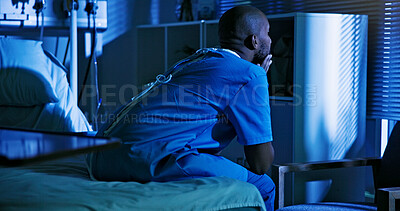 Buy stock photo Stress, black man and patient on hospital bed at night with surgery or financial anxiety with insomnia. Depression, clinic and person worry for health crisis, sleepless and cancer with medical debt