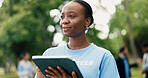 Woman, volunteer and thinking with tablet in nature for eco friendly development or campaign. Female person, activist or thoughtful NGO with technology for economic growth or change in outdoor park