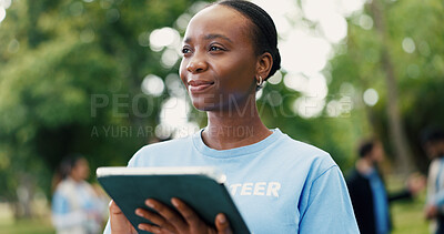 Buy stock photo Woman, volunteer and thinking with tablet in nature for eco friendly development or campaign. Female person, activist or thoughtful NGO with technology for environmental growth or change in park