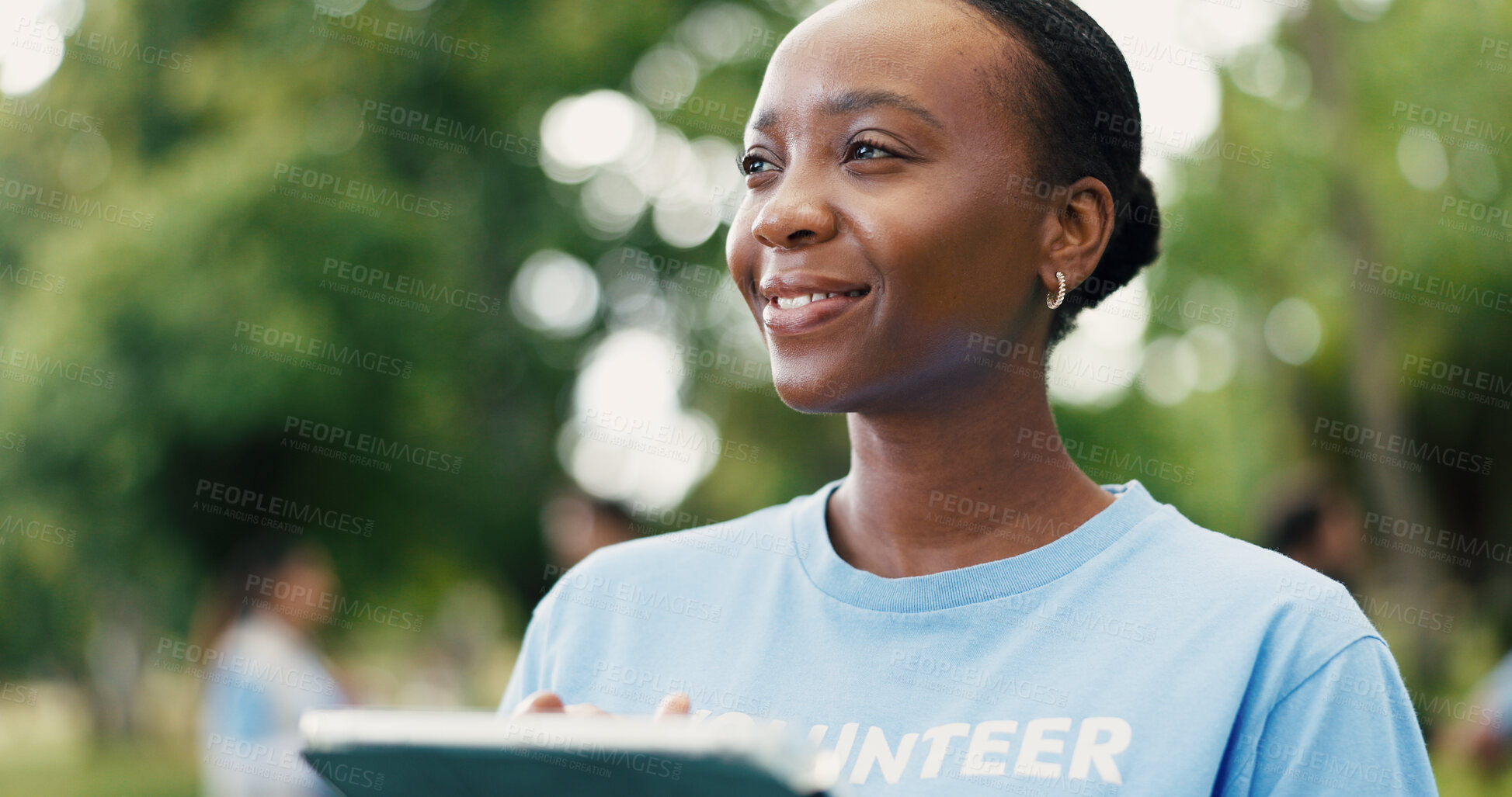 Buy stock photo Woman, volunteer and thinking with tablet in park for eco friendly development or campaign. Female person, activist or thoughtful NGO with technology for economic growth or change in outdoor nature