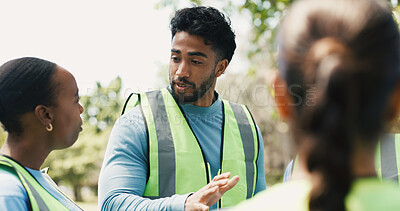 Buy stock photo Outdoor, volunteers and discussion for project, charity and planning for community service and talk. People, conversation and collaboration for NGO, humanitarian and social responsibility in woods