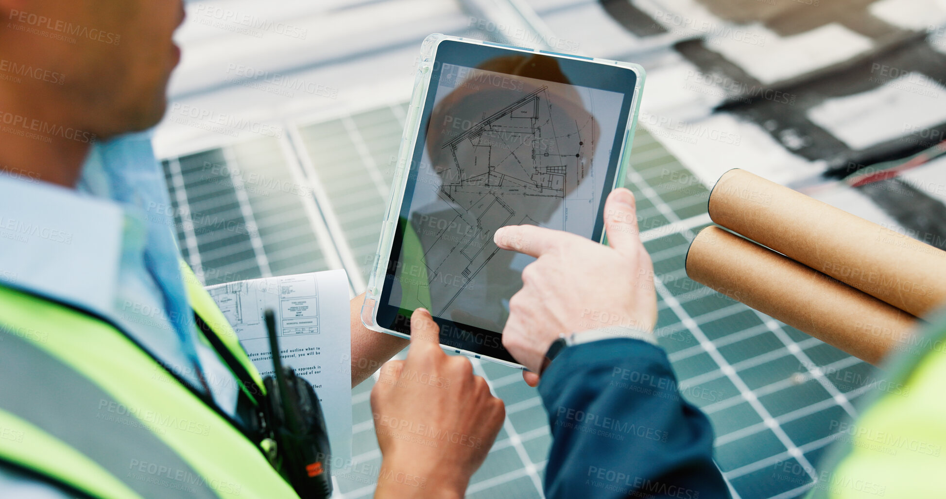 Buy stock photo Solar panel, hands or people on roof with tablet screen, construction floor plan or engineering design. Teamwork, photovoltaic or technician with digital layout for renovation, clean energy or above