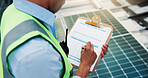 Solar panel, writing or hands on rooftop with checklist, review power production or grid condition. Inspection, above or person with clipboard of maintenance report, monitor system or energy function