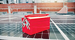 Empty, tool box and solar panel on rooftop for maintenance, installation and photovoltaic repairs. Equipment, grid and system inspection for generator safety, quality assurance and renewable energy 