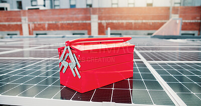 Buy stock photo Empty, tool box and solar panel on rooftop for maintenance, installation and photovoltaic repairs. Equipment, grid and system inspection for generator safety, quality assurance and renewable energy 
