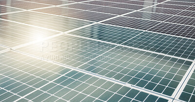 Buy stock photo Outdoor, solar panel or PV grid with clean energy for electricity, sustainability or eco project. Flare, photovoltaic cell or power supply for carbon footprint, climate change or environmental impact