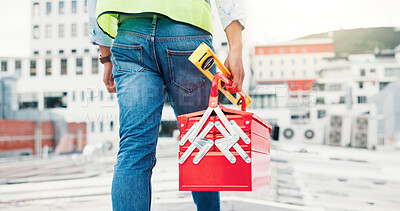 Buy stock photo Hands, person and electrician with toolbox on roof for maintenance, ac repair and installation. Back, technician or equipment for air conditioning services, hvac troubleshooting and quality assurance