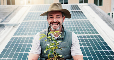 Buy stock photo Portrait, man outdoor or solar panel with plant for clean energy, farming and eco friendly project. Person, farmer or smile with photovoltaic system for sustainability, agriculture or natural growth.