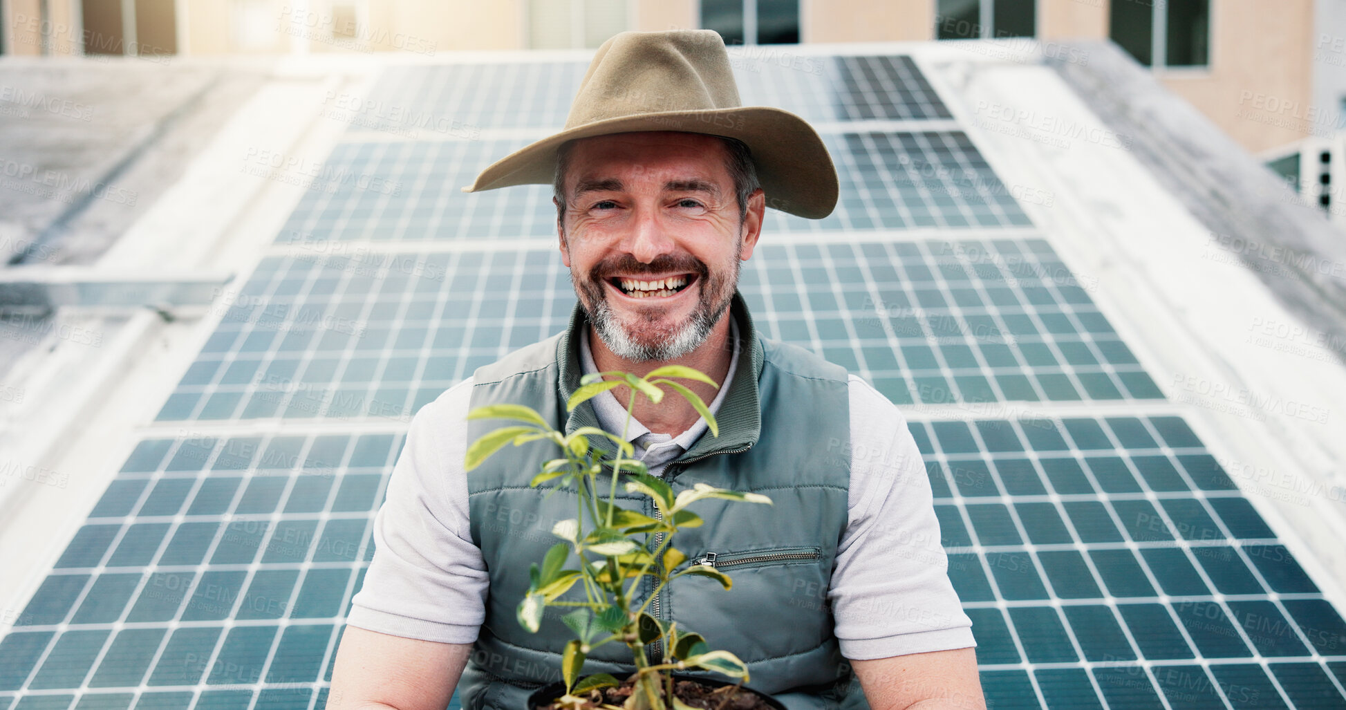 Buy stock photo Portrait, man outdoor or solar panel with plant for clean energy, farming and eco friendly project. Person, farmer or smile with photovoltaic system for sustainability, agriculture or natural growth.