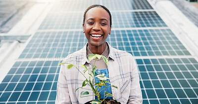Buy stock photo Portrait, black woman outdoor or solar panel with plant for agro business, farming or eco project. Person, farmer and smile with photovoltaic system for sustainability, agriculture or natural growth.