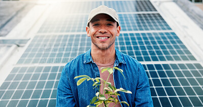 Buy stock photo Man, plant and portrait at solar panel for clean energy, alternative power and go green initiative. Farmer, smile and outdoor at photovoltaic grid for crop growth, sustainability and responsibility