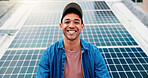 Happy, solar panels and portrait of man outdoor for renewable energy, sustainability and electricity. Photovoltaic, rooftop and person with grid for environment, alternative power and installation