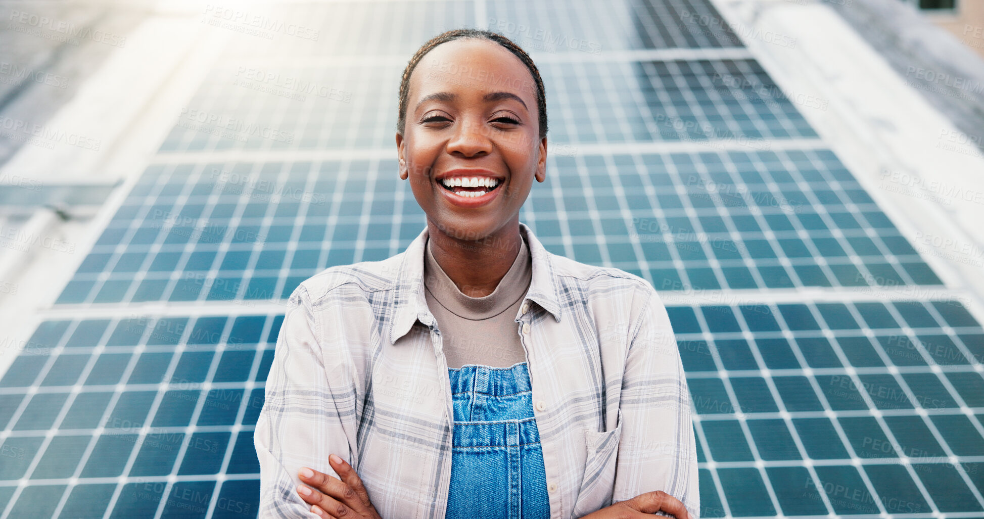Buy stock photo Portrait, woman outdoor or solar panel with arms crossed for clean energy, sustainability or eco project. Black person, smile or photovoltaic system for power supply, carbon footprint or electricity.