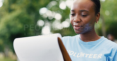 Buy stock photo Black woman, volunteer or clipboard with checklist for eco friendly development or charity in park. Female person, activist or NGO with to do list, stock or inventory for community donation in nature