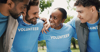 Buy stock photo Volunteer, group and smile in huddle outdoor for community service, NGO and help for social responsibility. Support, team and happy people with talk for motivation, nonprofit and activism in park 