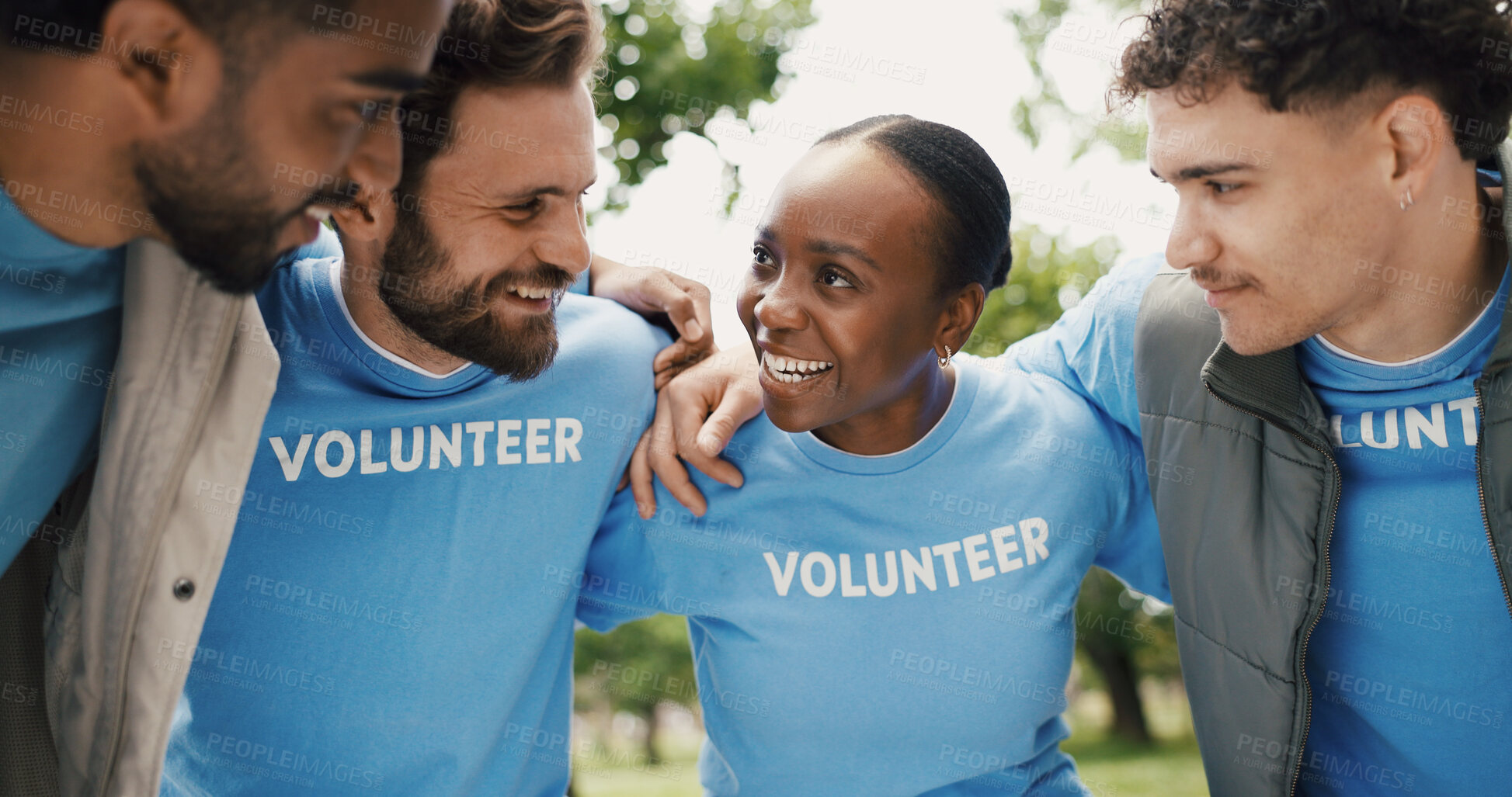 Buy stock photo Volunteer, group and smile in huddle outdoor for community service, NGO and help for social responsibility. Support, team and happy people with talk for motivation, nonprofit and activism in park 
