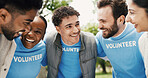 Volunteer, group and laugh in huddle outdoor for community service, NGO and help for social responsibility. Support, team and happy people with joke for motivation, nonprofit and activism in park 