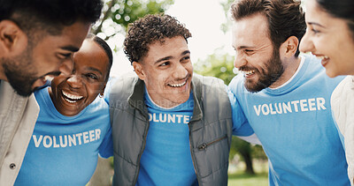 Buy stock photo Volunteer, group and laugh in huddle outdoor for community service, NGO and help for social responsibility. Support, team and happy people with joke for motivation, nonprofit and activism in park 