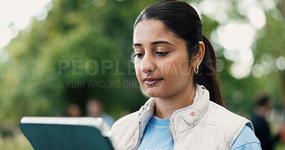 Buy stock photo Schedule, tablet and volunteer with woman in park for charity, community outreach or food drive. Agenda, app and research with serious person outdoor for activism, donation or ngo communication