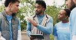Volunteer, tablet and team outdoor for meeting, planning and community service discussion. Tech, people and group with charity worker at park for coordination, donation project and non profit leader