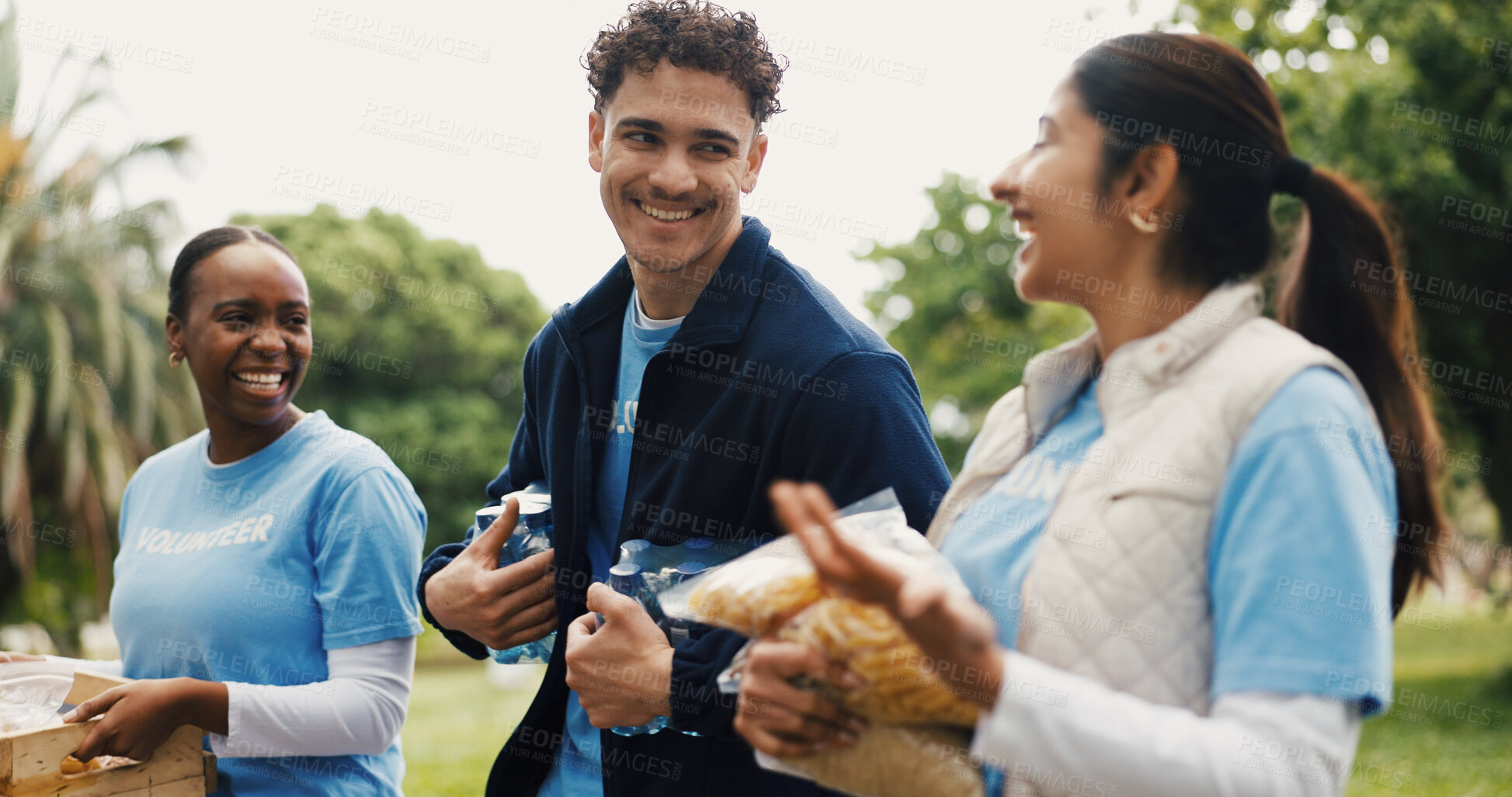 Buy stock photo Food donation, volunteering and people in park, help and conversation with community service. Outdoor, group or friends with discussion, NGO project or teamwork with solidarity, aid or poverty relief