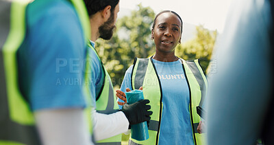 Buy stock photo Volunteer, discussion or people in park with trash bag, group or instruction in litter campaign. Environment, coordination or NGO outdoor with collaboration, guidance or cleanup for earth day project